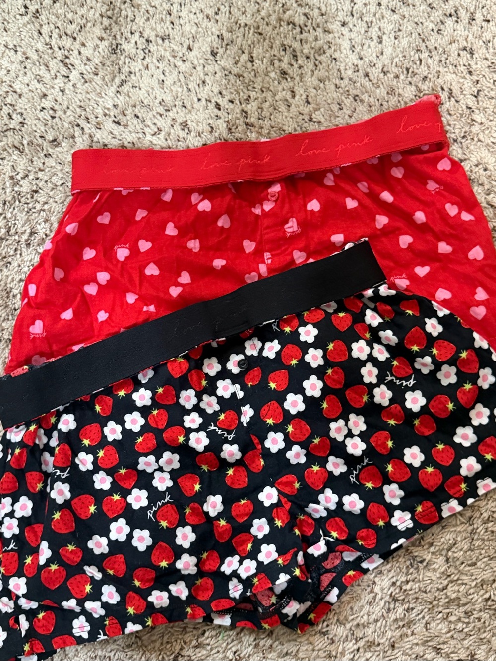 PINK Victoria's Secret Red Heart & Black Strawberry Print Cotton Shorts - 2 Pack
